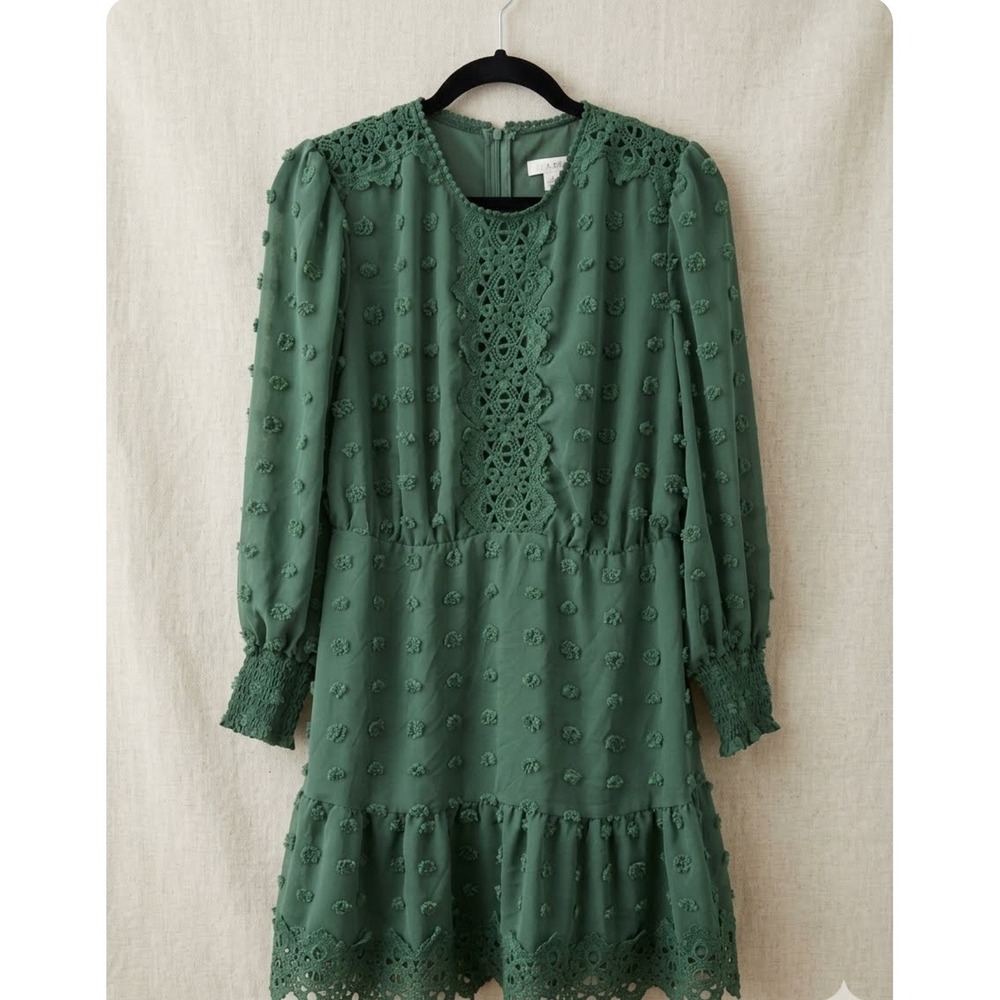 Love X Design Green Clip Dot Crochet Lace Mini Dress Long Sleeve Smocked Cuffs M